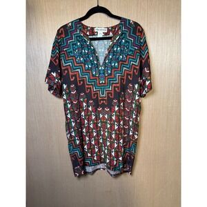 Mara Hoffman $325‎ Women's Short Sleeve Tunic Dress Aztec Geometric Print Brown